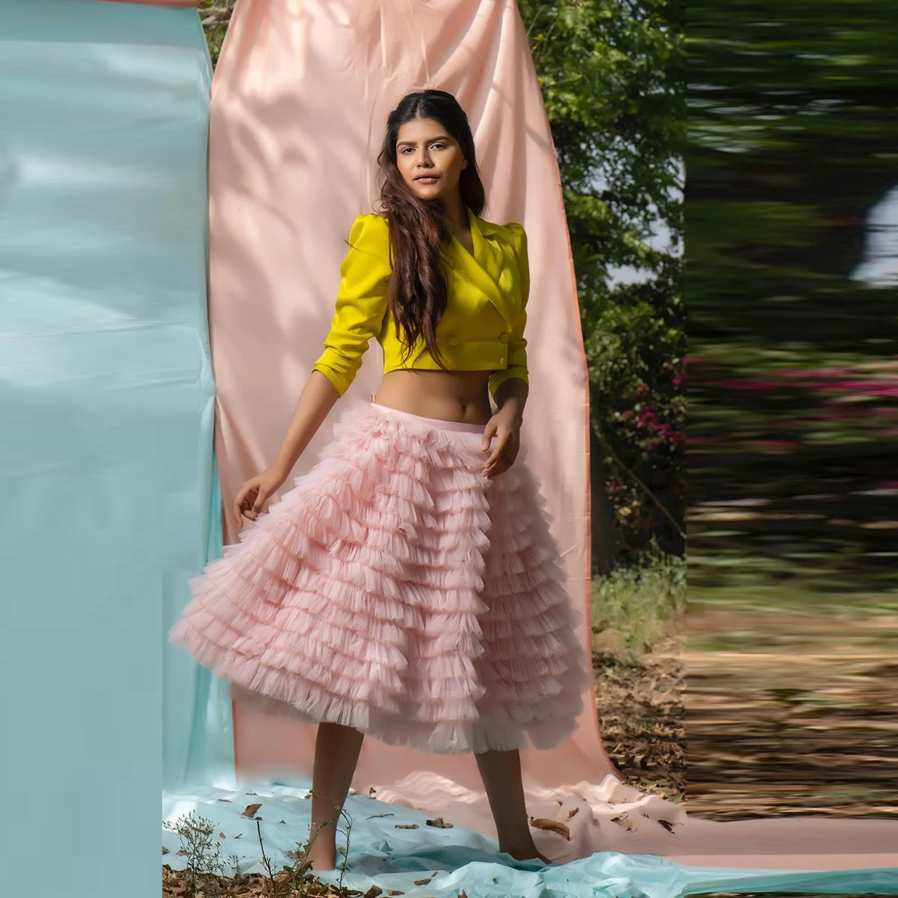 

Sweet Pink Tiered Tulle Skirt Elastic Waist A Line Mid-Calf Maxi Skirt To Party Girls Formal Wear Puffy Skirt