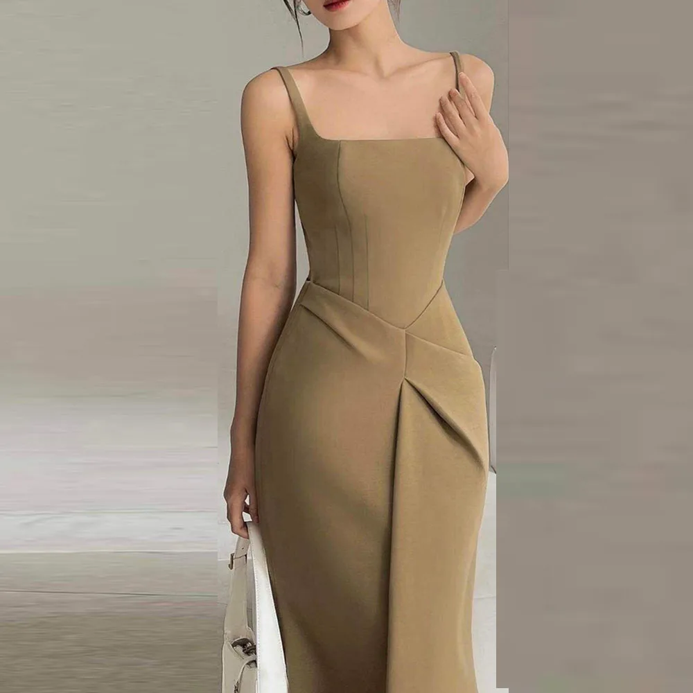 

Brown Evening Dresses Square Collar High Quality Spaghetti Strap Sleeveless Banquet Mermaid Formal Occasion Female Gowns
