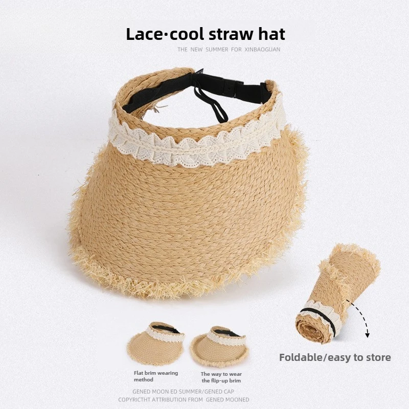 

Summer Women's Boho Straw Hat Foldable Lace Tassels Frayed Trim Flattering Open-Top Sun Hat