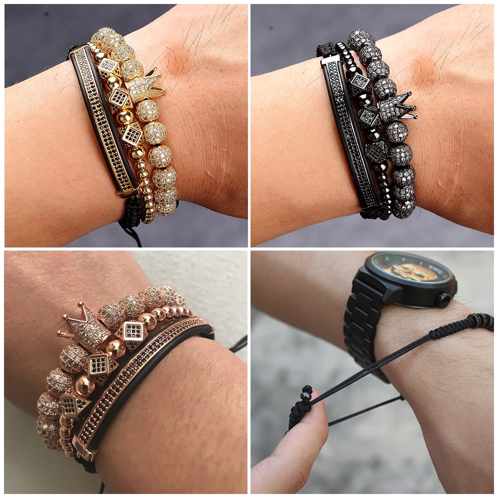 TYO 3pcs/Set Crystal Crown Cubic Zirconia Micro Pave 8mm Combination Beads Bracelet 16-25cm  Adjustable Size Rope Jewelry Gift image 6