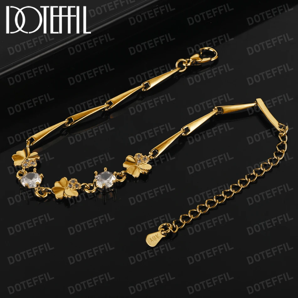 

DOTEFFIL 18K Gold Four-leaf Clover AAA Zircon Bracelet Chain For Women Man Wedding Engagement Party Fashion Jewelry