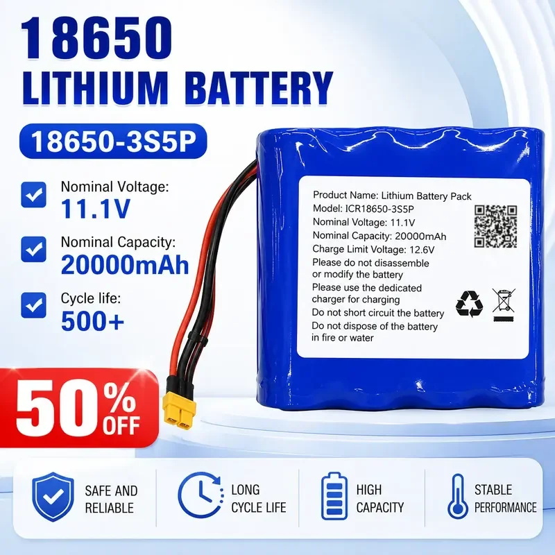 For 11.1V 20Ah 18650 Lithium Battery Pack with BMS Balanced Power for Solar Energy Storage and New Energy Applications