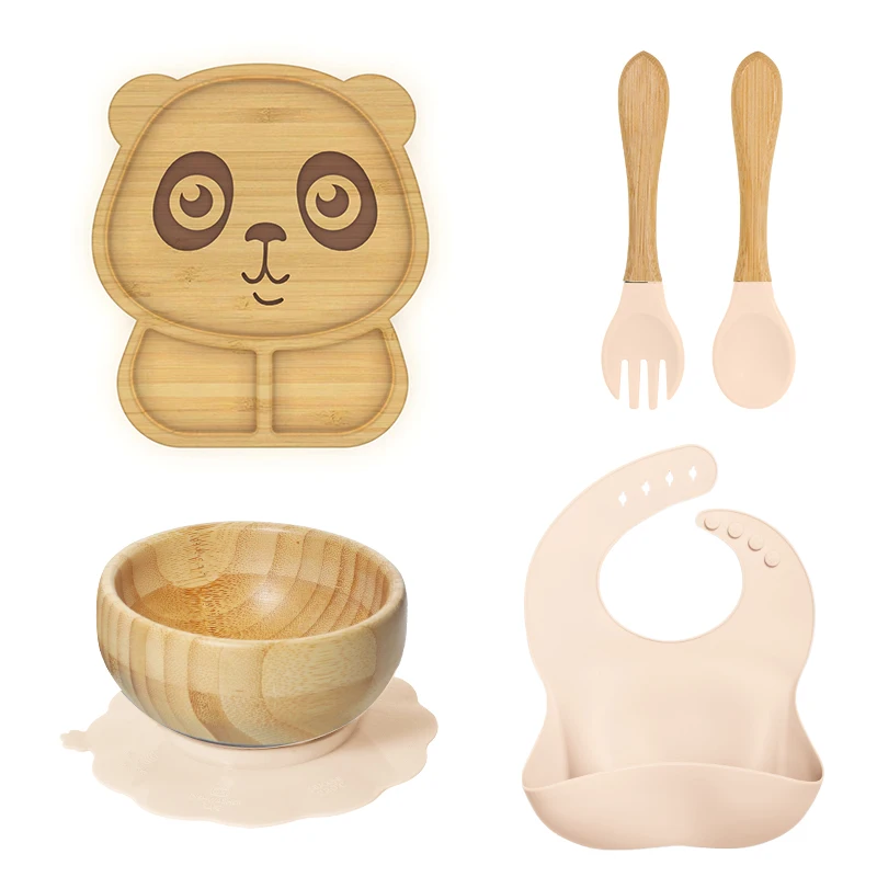 5Pcs/Set Baby Dinner Plate Bib Fork Spoon Feeding Bamboo Bowl Kids Feeding Animal Tableware Wood Non-slip Children Tableware