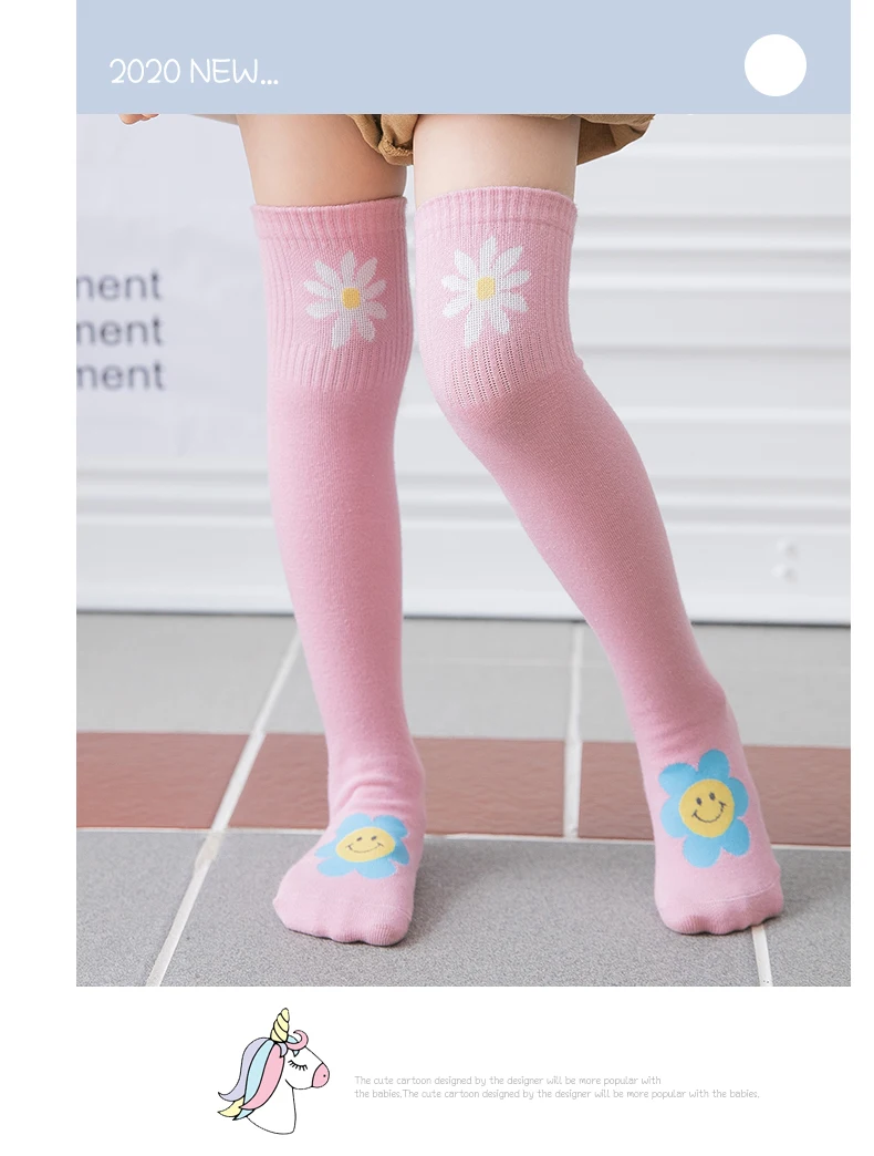 Frühling Baby Mädchen über Knies trümpfe niedlichen großen Lächeln lange Socken Kinder Mode Buchstaben Gänseblümchen Blumen Kind Säugling Mode Socken – Detail 9