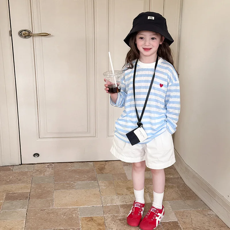 

Striped Love T-shirt Summer Thin Fashionable Cute Sweet Heart Striped All-match Long Sleeved T-shirt Kids Clothes