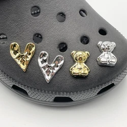 4Pcs Gold Silver Heart Badge Charms For Kid's Sandal Clogs Cute Cartoon Bear DIY Fashion Shoe Decorations For Slippers Accessory