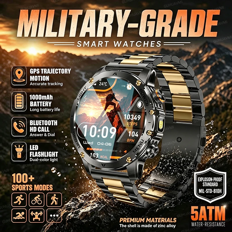 Military 1000mAh Battery Smart Watch Men 1.7“AMOLED Screen GPS LED Flashlight 5ATM Waterproof Clock NFC Call Sport Fitness Watch