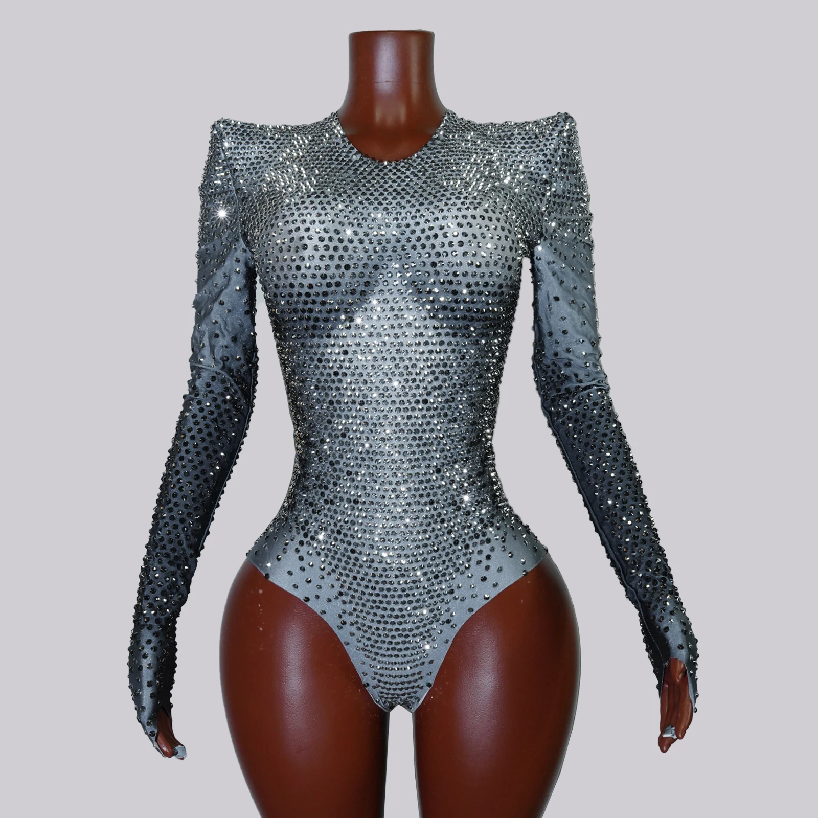 Body brillante con diamantes de imitación plateados, traje de cantante de manga larga, traje de actuación, espectáculo de danza Gogo, fiesta de arrastre, celebración