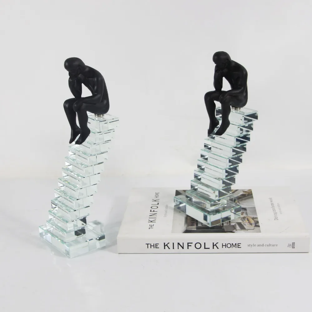 Modern Crystal Trapezoid Thinker Statue Desktop Decoration Figurine Transparent Trapezoid Human Sculpture Indoor Aesthetic Decor