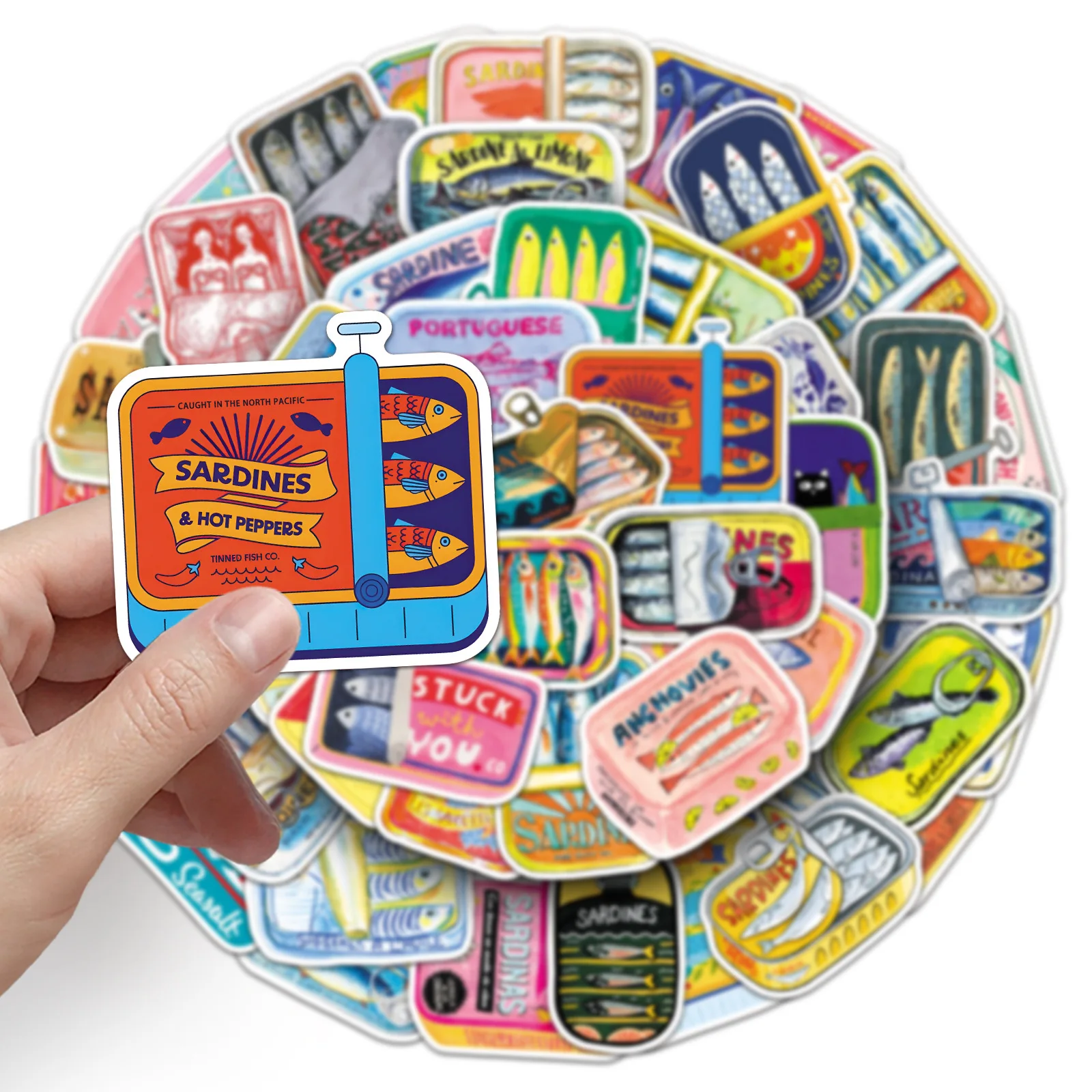 50 PCS Sardines Can Cartoon Hand Drawn Food Stickers Decorate Scrapbook Fridge Cabinet Phone Storage Box Waterproof Decals