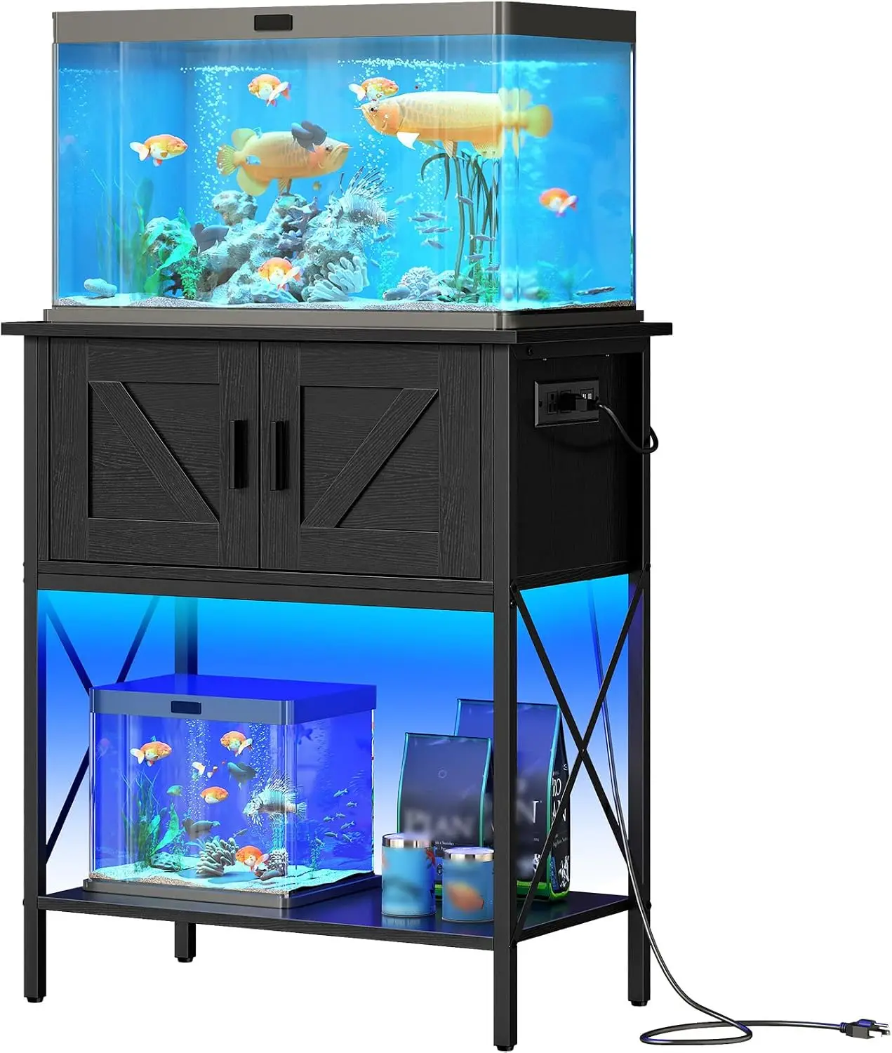 20 Gallon Fish Tank Stand with Power Outlets and LED Light, Metal Frame Aquarium Stand, Reptile, Turtle Tank Stand