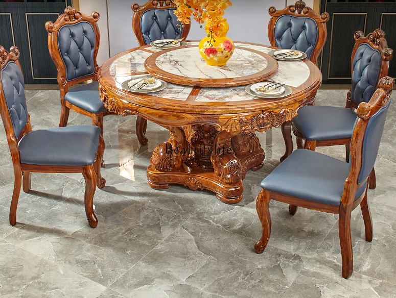 European-Style Ugyen Wood Table Marble Solid Wood Restaurant Home round Dining Table