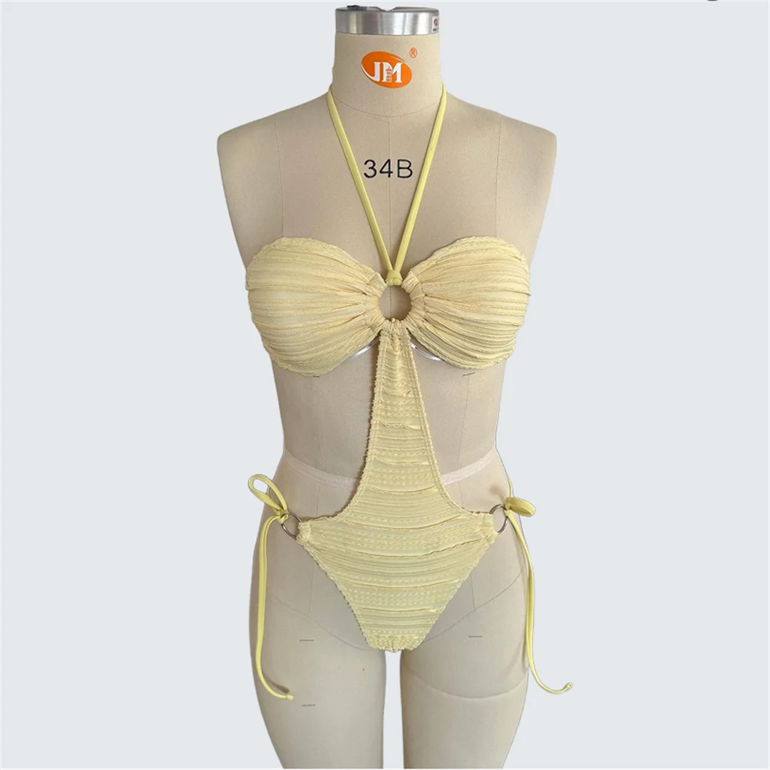S - XXL Sexy Neckholder-Badeanzug mit Falten und Ausschnitten, einteilig, Damen-Bademode, gepolstert, hoher Beinausschnitt, Badeanzug, Badebekleidung, V7562 – Detail 10