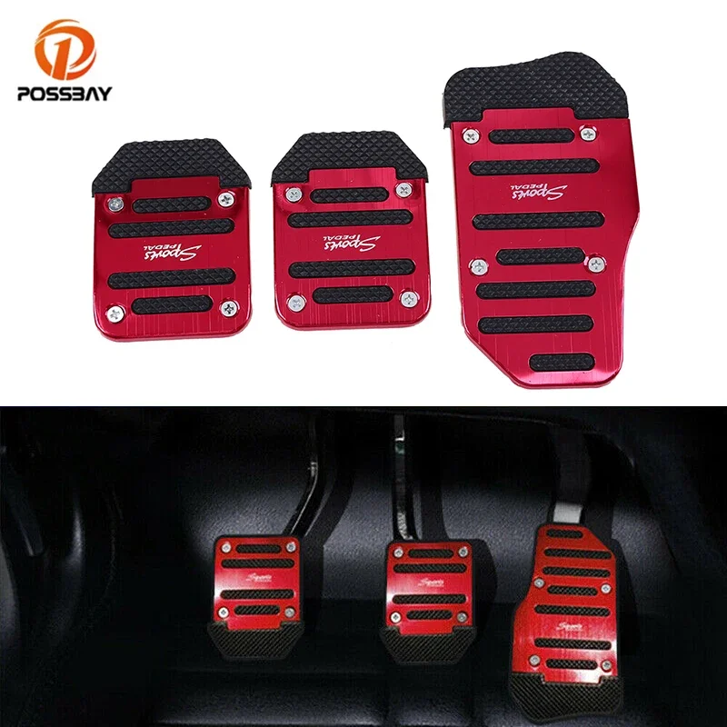 POSSBAY 3 Pcs/set Universal Car Pedals Manual Clutch Pedal Kit Brake Pad Aluminum Non-Slip Silver/Blue/Red Foot Rest Peals