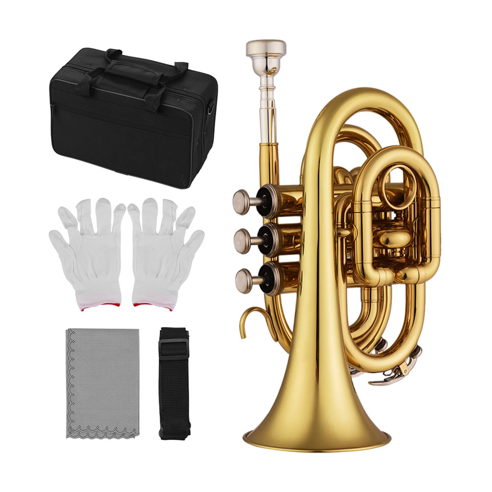 Mini Pocket Trumpet Bb Flat Brass Material Wind Instrument with Mouthpiece Gloves Cleaning Cloth Carrying Case