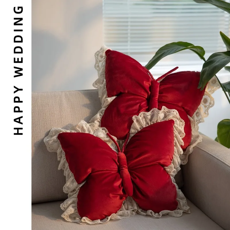 Butterfly wedding throw pillow a pair of  press bed  room arrangement red sofa pillow wedding gift Qixi Festival