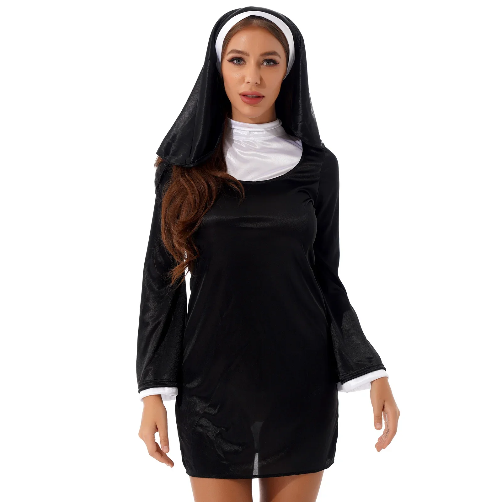 Uniforme de monja de convento religioso para iglesia de Halloween, vestido Sexy de manga larga acampanada con cuello alto y pañuelo para la cabeza, disfraz Superior de monja