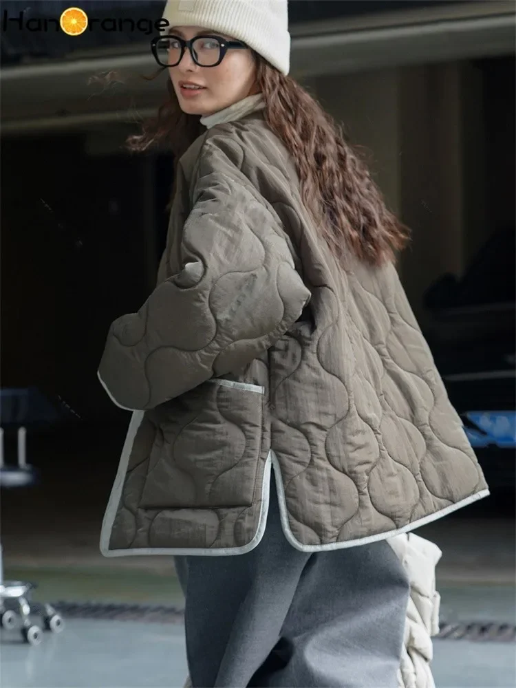 HanOrange-Parkas à Poches Géométriques Simples pour Femme, Manteau Chaud en Coton Rembourré, Gris Clair, Vert Militaire, Hiver 2023