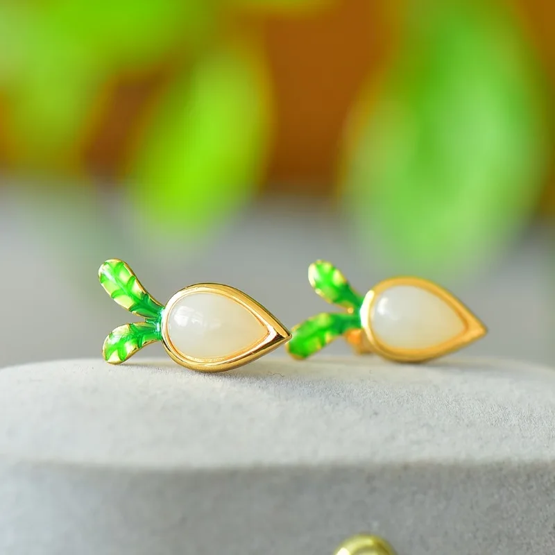 

Copper Inlaid Hetian Jade Radish Exquisite Fashion Stud Earrings Women's
