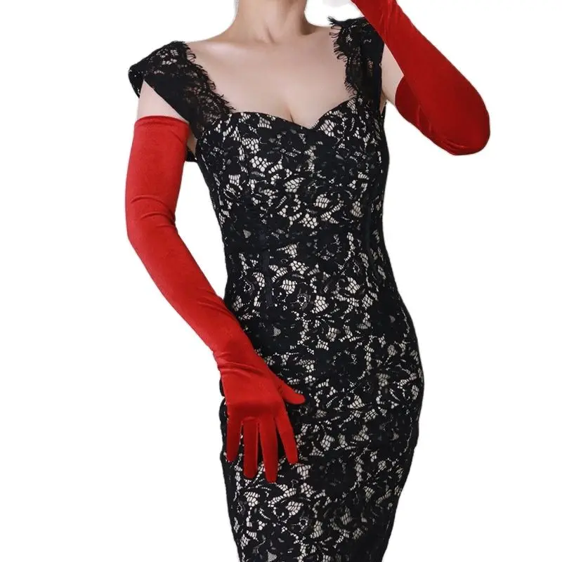 60cm Extra Long Red Velvet Gloves High Elastic Gold Touch Screen Compatible Women's Evening Velour WSR44