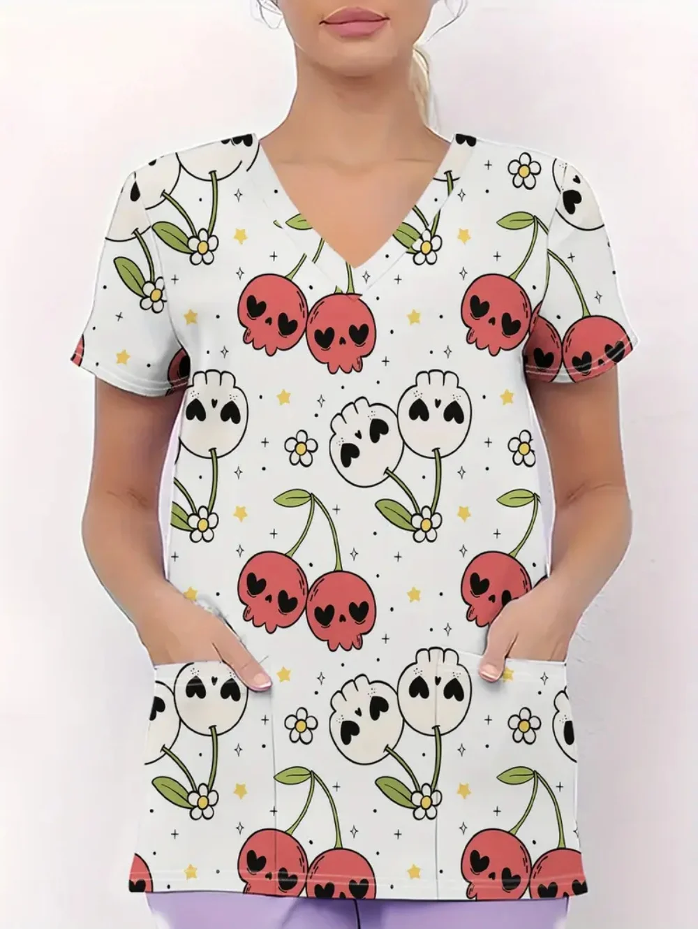 

New Medical Uniform Woman Halloween Series Print Dentist Short Sleeve Clinical Uiform Fashion V-Neck Women's Surgical Scrubs Top