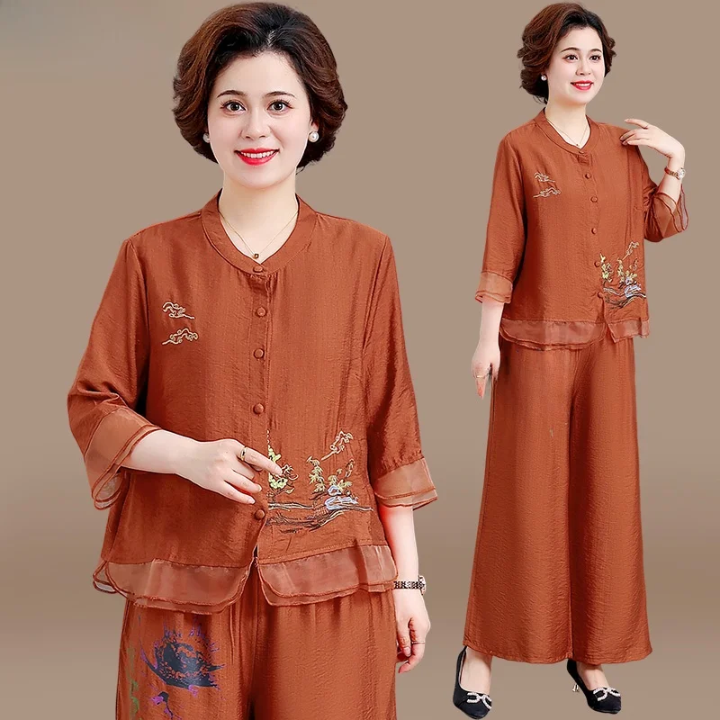 

Осенний модный комплект из хлопка и льна для мам: новая китайская национальная тенденция, стильная одежда для женщин среднего и старшего возраста.