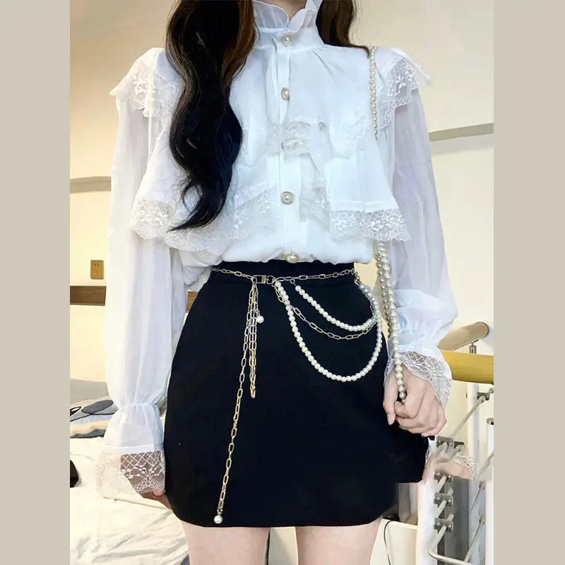 Kimotimo French Palace Stand Collar Chiffon Ruffled Tops Women Flare Sleeve Single Breasted Shirt 2024 New Elegant Fairy Blouses