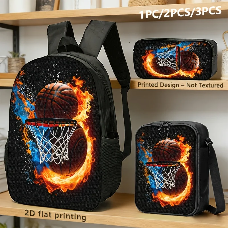 1pc/2pcs/3pcs 2D Printed Backpack, Pencil Case, Crossbody Bag with Dynamic Basketball, Net, and Fire Print. 2D Flat Printing.