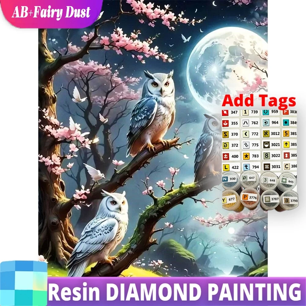 

Resin AB Fairy Dust New Arrival Diamond Painting Owl Full Round Square Mosaic Bird Moon Embroidery Animal Wall Art