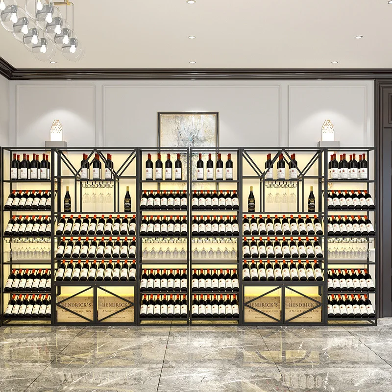 Personalizado nórdico moderno restaurante carenagem ferro forjado display armário de vinho prateleira de chão luminosa rack de vinho