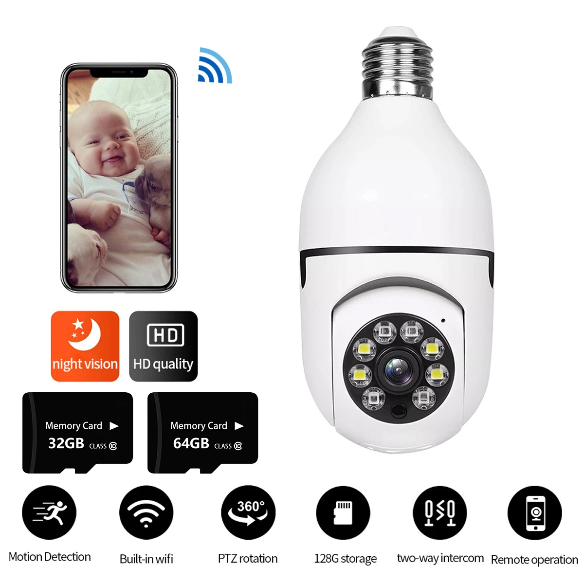 2MP E27 Bulb Camera 2.4G/5G Wifi Surveillance Cam Night Vision Full Color Automatic Human Tracking Video Security Monitor