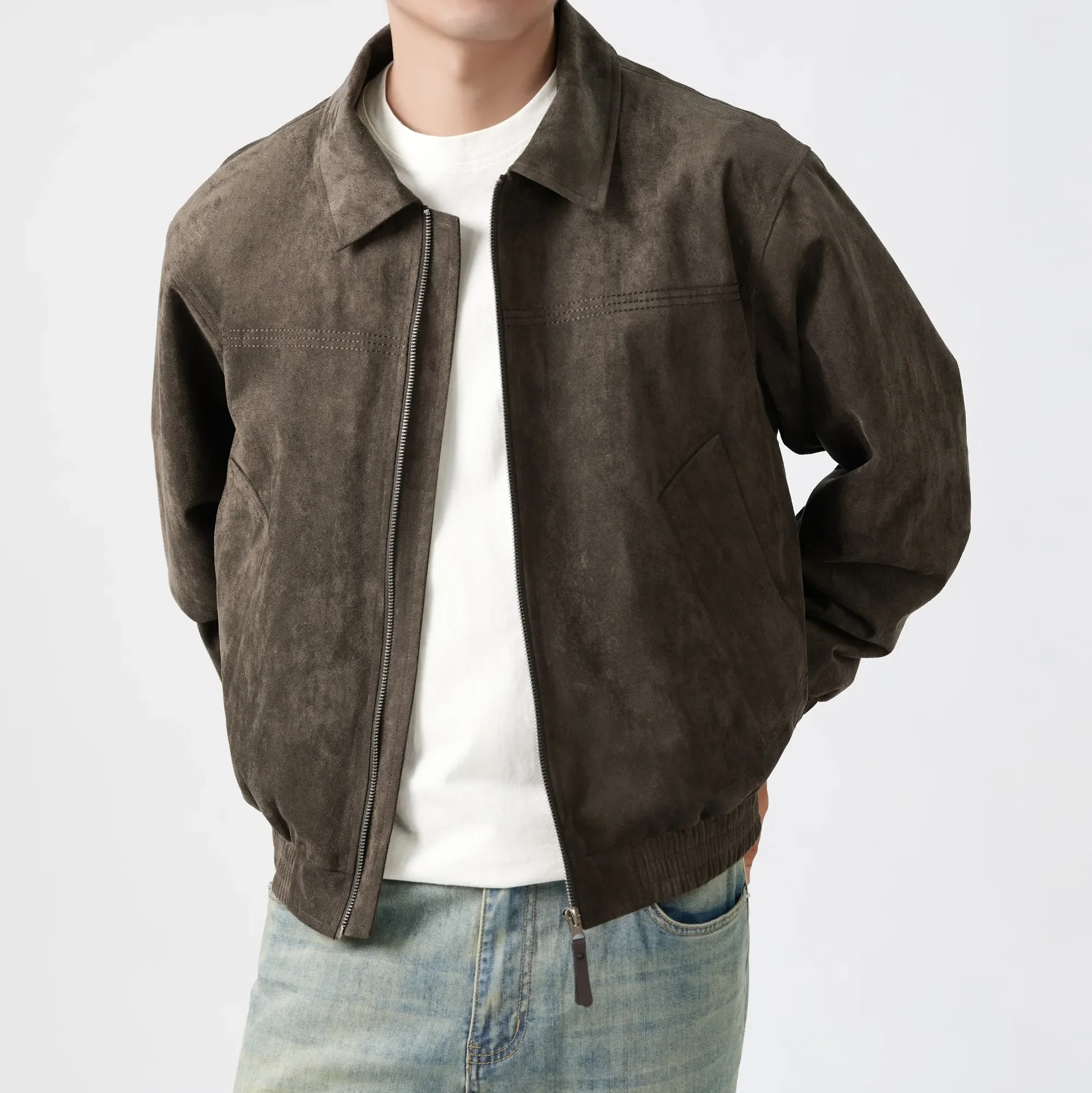 Herren Cropped Boxy Minimalistische Kunstwildleder-Jacke Leichte Weiche Textur Coach-Jacke Vintage Harajuku Streetwear Bomber-Oberbekleidung – Detail 3
