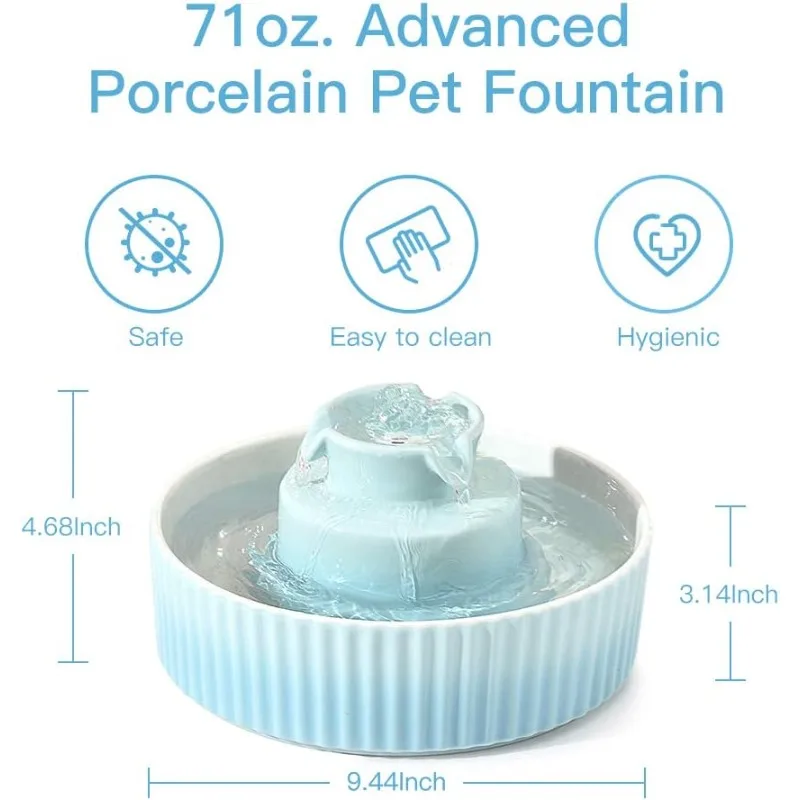 360 Ceramic Pet Fountain, Advanced Porcelain Cat Water Fountain, 70 oz.Drinking Fountains Bowl for Cat and Dogs with Replacement