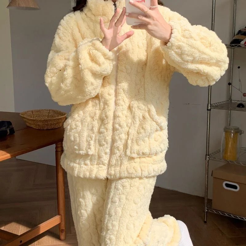 M-2XL Women's Coral Fleece Pajamas Set Winter Sleepwear Korean Solid Home Clothes Sweet Ins Thickened Zipper Cardigan Loungewear