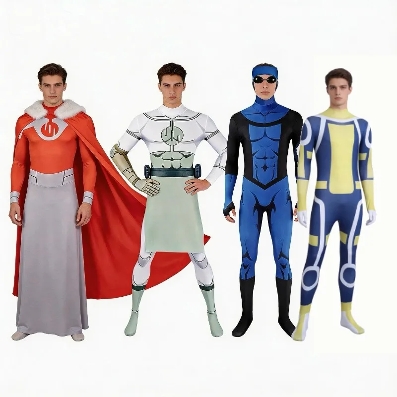 Invincible Omni Man Cosplay Costume Full Body Spandex Unitard Muscle Suit Detachable Cape Gloves Belt Boot Covers For Men Party