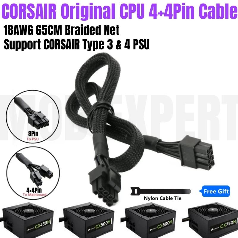 

Original CORSAIR CPU Power Cable PSU 8Pin to 8Pin 4+4Pin EPS 12V for CX430M CX500M CX600M CX750M CX850M Modular Power 18AWG 65CM