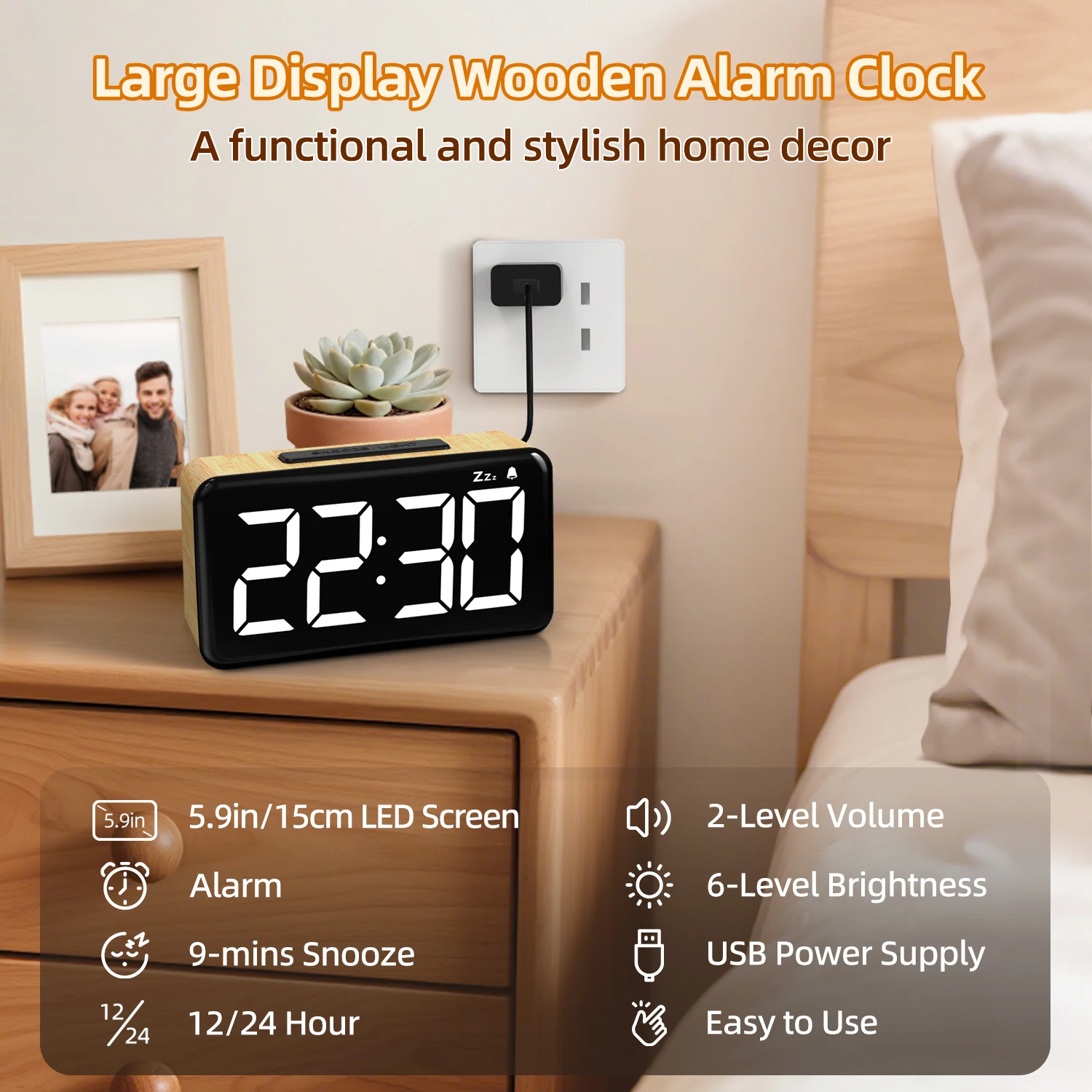 Wood Grain Digital Alarm Clock LED USB Charging Alarm Clock Adjustable Brightness 12/24H Desk Clock For HOme Office Bedside