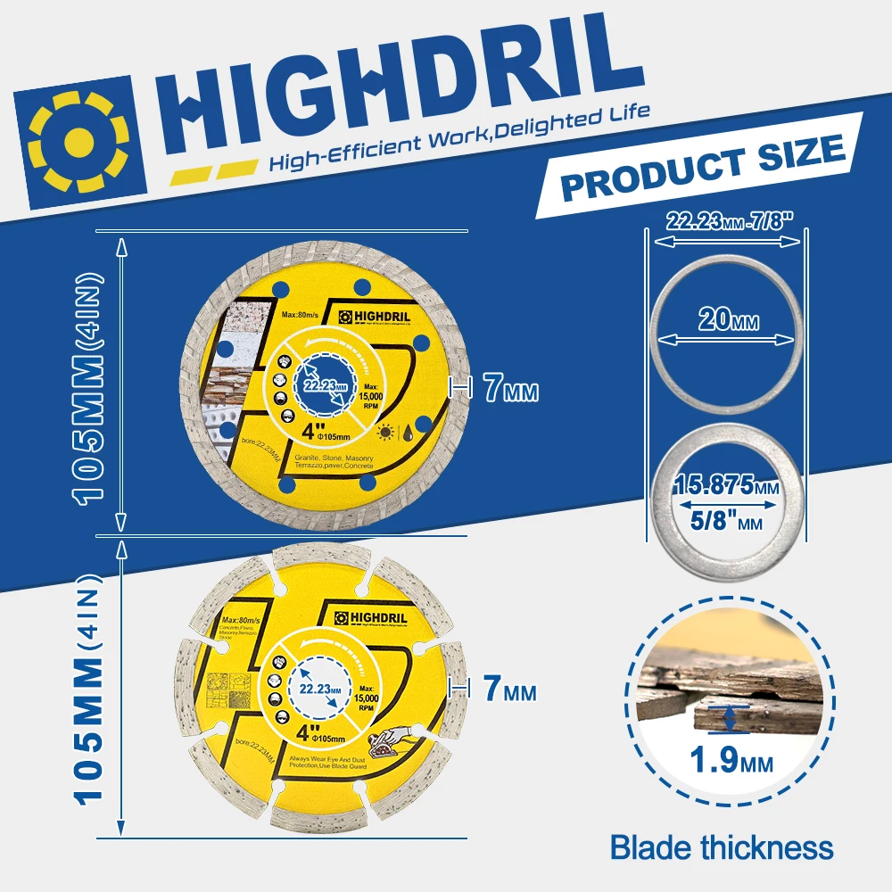 HIGHDRIL Diamond Cutting Disc Kit (Dry + Corrugated) Saw Blade 2pcs/set Dia105mm For Concrete Porcelain Granite Paver Masonry