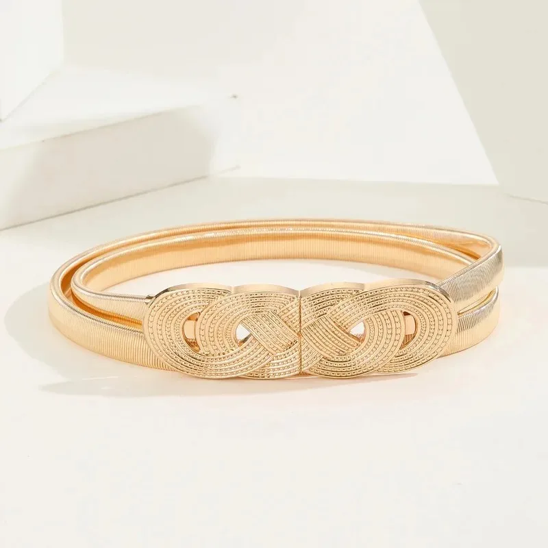 حزام سلسلة ذهبي وفضي للسيدات - حزام خصر معدني مرن قابل للتعديل للفساتين والجينز وملابس Y2K، أنيق ومتعدد الاستخدامات