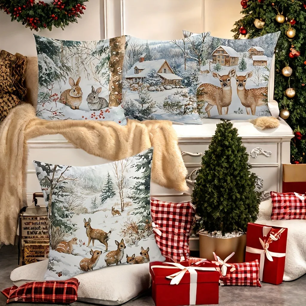Pillow Cases Anime Pillow Cases Embroidered Christmas Pillowcases: Snowy Woods with Rabbits, Cottages, and Deer Sofa room