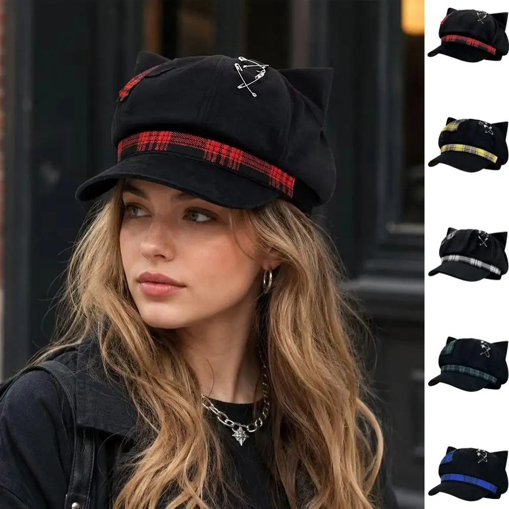 Cool Thin Brim Cat Ears Beret Hat Y2K Irregular Plaid Octagonal Hat Subculture Spice Girl Newsboy Peaked Hat Women