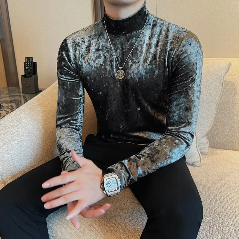 Autumn Winter New Velvet Half High Neck T-Shirt Korean Luxury Men\'s Slim Fit Solid Color Casual Long Sleeve Tee Men Clothing 4XL