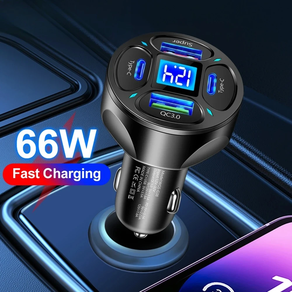 66W USB Car Charger Type-C Fast Charging 4 Ports Quick Charge 3.0 Adapter For iPhone 15 14 Pro Samsung Xiaomi Car Phone Charger