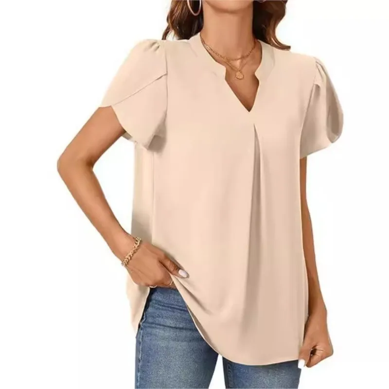 Summer Simple And Fashionable Versatile V-neck Petal Sleeve Shirt For Women, Solid Color Elegant And Generous Femme Blusas 2025