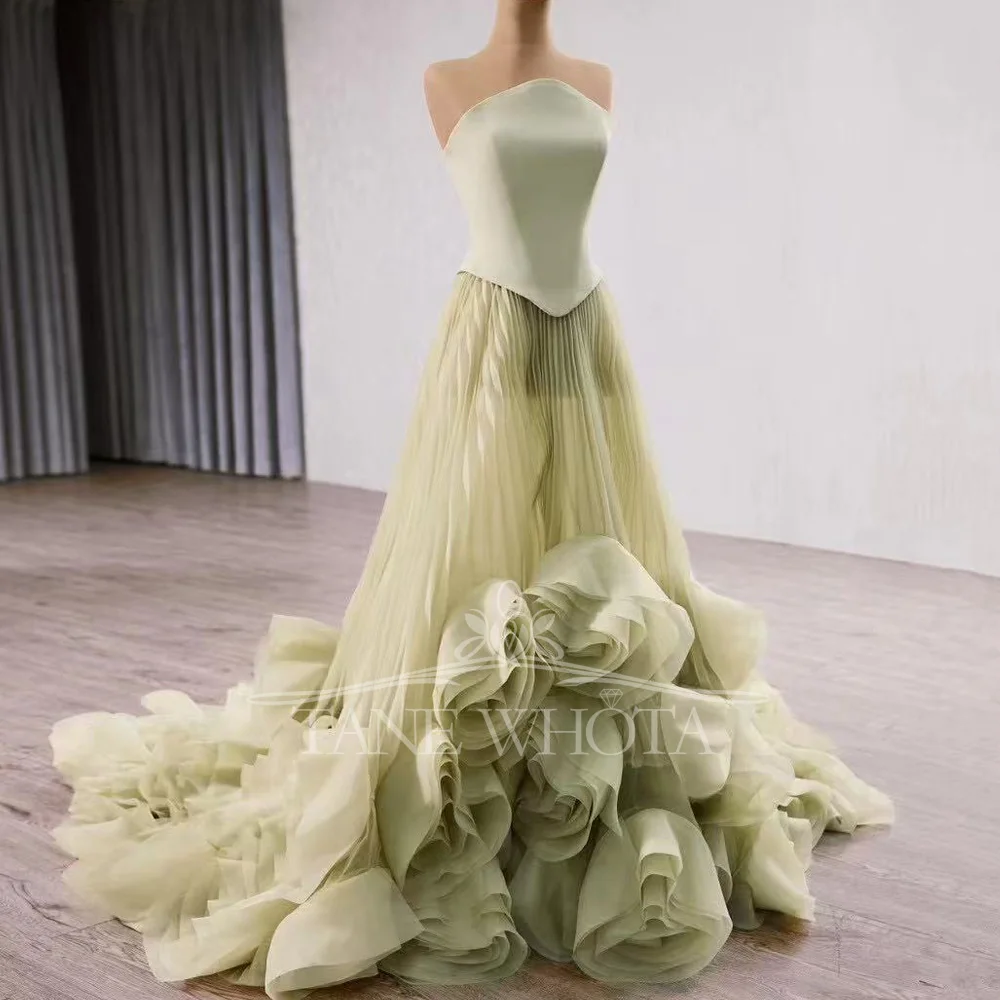 

Luxury Strapless Sleeveless A-Line Evening Dress 2026 3D Flower Avocado Color Prom Dress With Zipper Customizable Fit