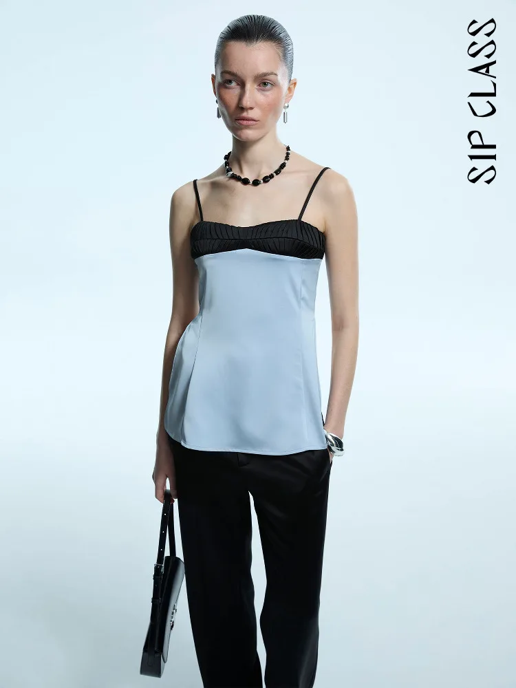 

Blue Strapl Vest Women's Summer Outerwear Tu Fold oulder Top Slim Fit Polyester Fiber Zipper Closure Pure Color