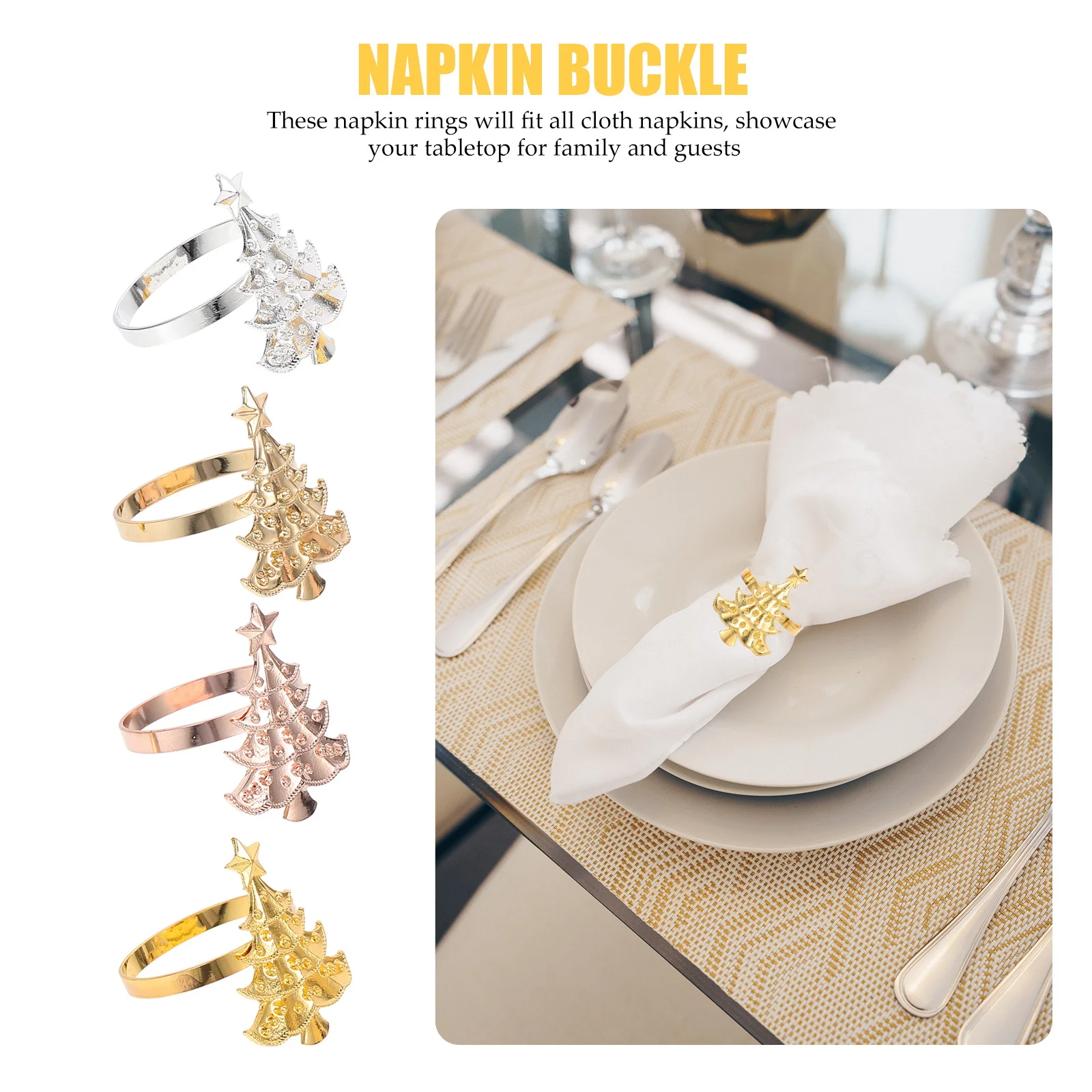 

4Pcs Napkin Rings Premium Christmas Tree Style Zinc Alloy for Festive Dining Table Party Supplies Decoration Christmas Supplies