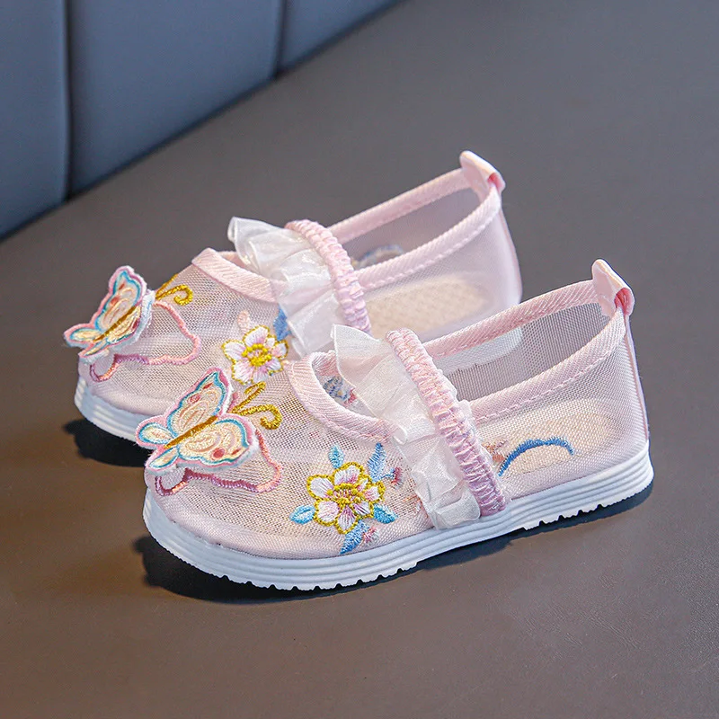 Embroidered Kids Mesh Sandal Girls Princess Shoes Handmade Flat  Cotton Cloth Shoes Children's Hanfu Dance Performance Shoes