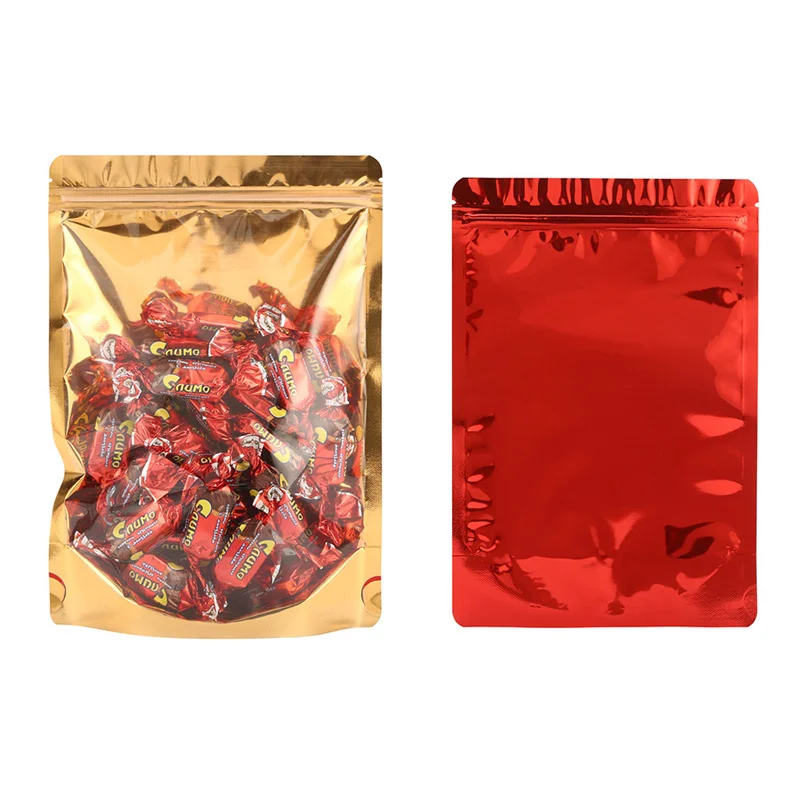 1000Pcs/Lot Back Red Gold Transparent Stand Up Ziplock Bag Aluminum Foil Storage Bag dry Fruit Snack Tea Packing Bags