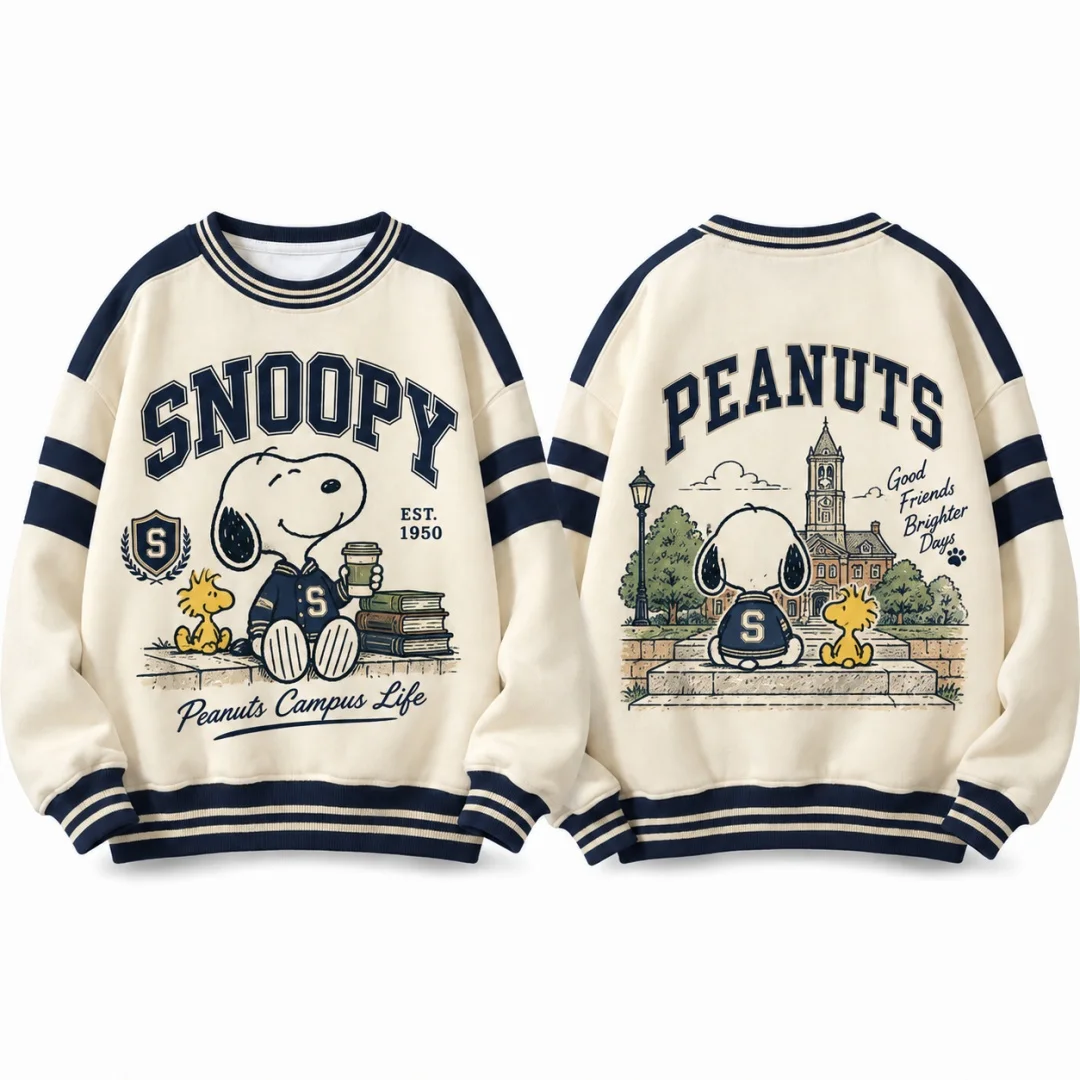 Snoopy Peanuts Campus Club Varsity Sweatshirt Kids Cartoon EST 1950 Print Crewneck Pullover Long Sleeve Contrast Color Kid Tops